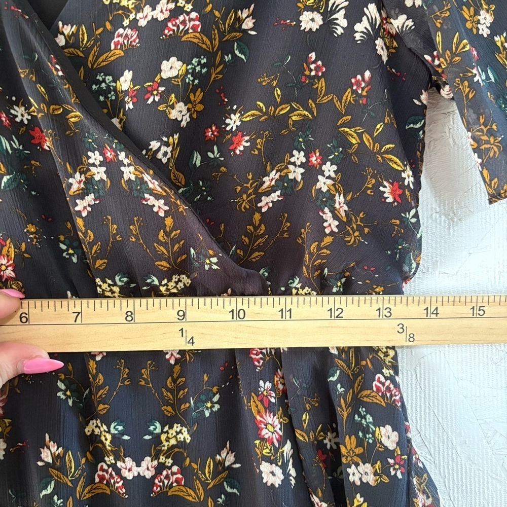 Blu Pepper Small A-Line Sheer Black Floral V-Neck Dress Short Flutter Sleeves - Picture 6 of 9